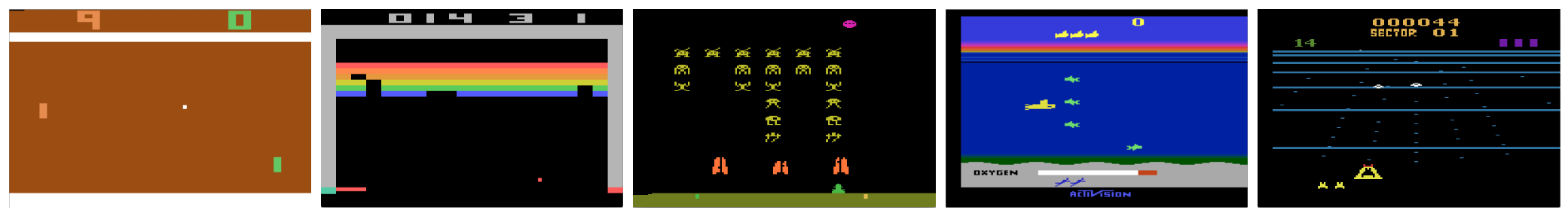 Atari 2600 Games: Pong, Breakout, Space Invaders, Seaquest, Beam Rider.